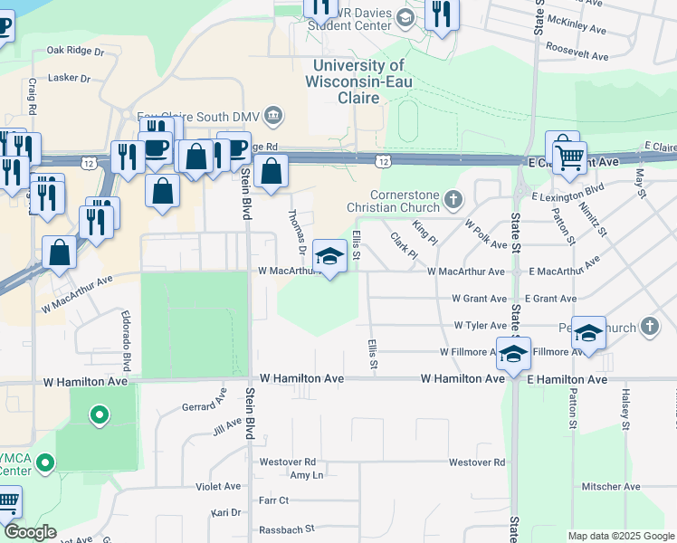 map of restaurants, bars, coffee shops, grocery stores, and more near 633 West Macarthur Avenue in Eau Claire