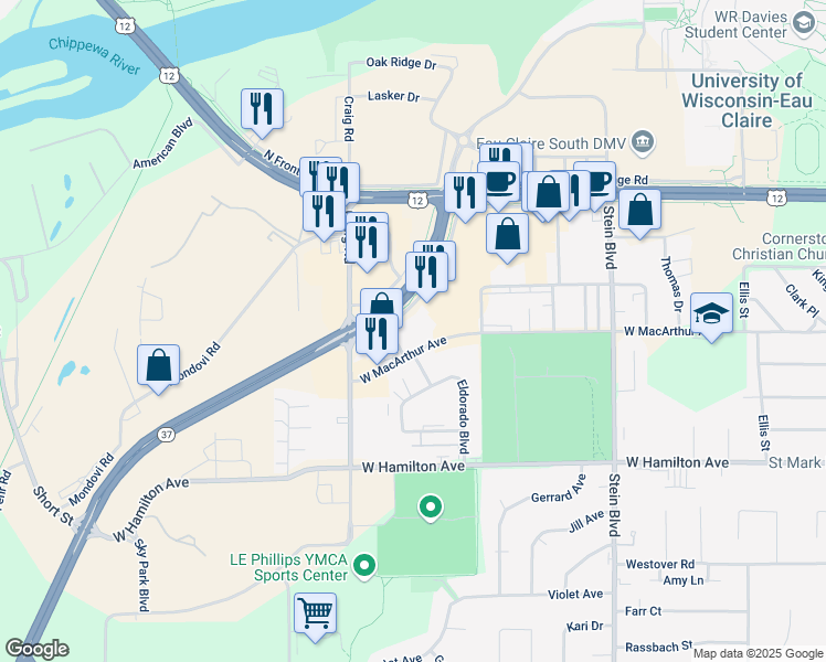 map of restaurants, bars, coffee shops, grocery stores, and more near 2831 Hendrickson Drive in Eau Claire