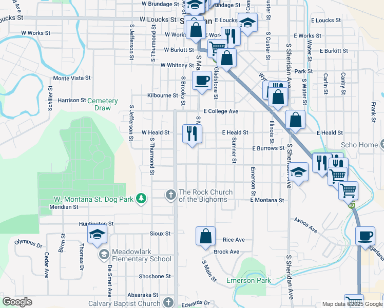 map of restaurants, bars, coffee shops, grocery stores, and more near 741 South Main Street in Sheridan