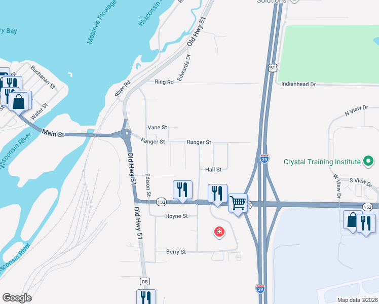 map of restaurants, bars, coffee shops, grocery stores, and more near 583 Ranger Street in Mosinee