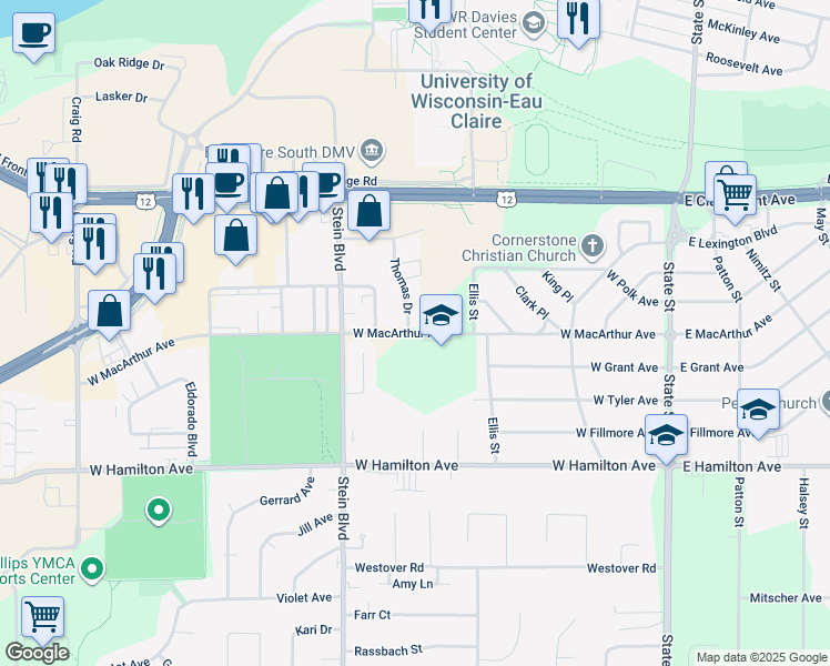 map of restaurants, bars, coffee shops, grocery stores, and more near 2825 Thomas Drive in Eau Claire