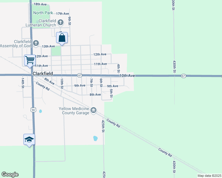 map of restaurants, bars, coffee shops, grocery stores, and more near 505 10th Avenue in Clarkfield