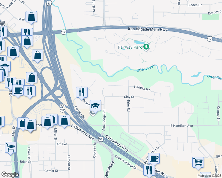 map of restaurants, bars, coffee shops, grocery stores, and more near 3916 Harless Road in Eau Claire