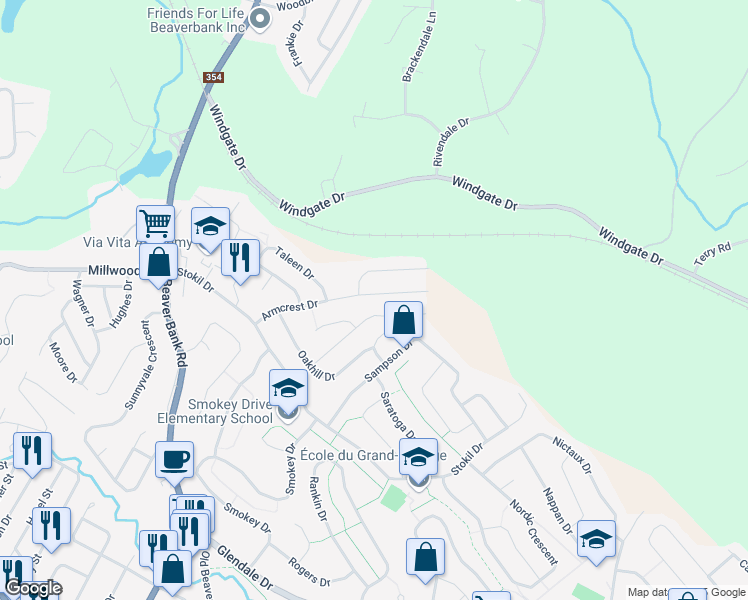map of restaurants, bars, coffee shops, grocery stores, and more near 85 Armcrest Drive in Lower Sackville