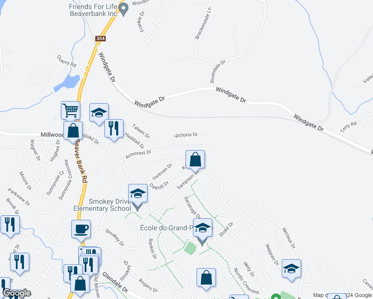map of restaurants, bars, coffee shops, grocery stores, and more near 93 Armcrest Drive in Lower Sackville
