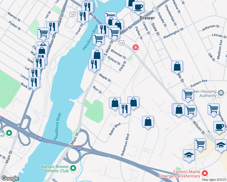 map of restaurants, bars, coffee shops, grocery stores, and more near 39 Maple Street in Brewer