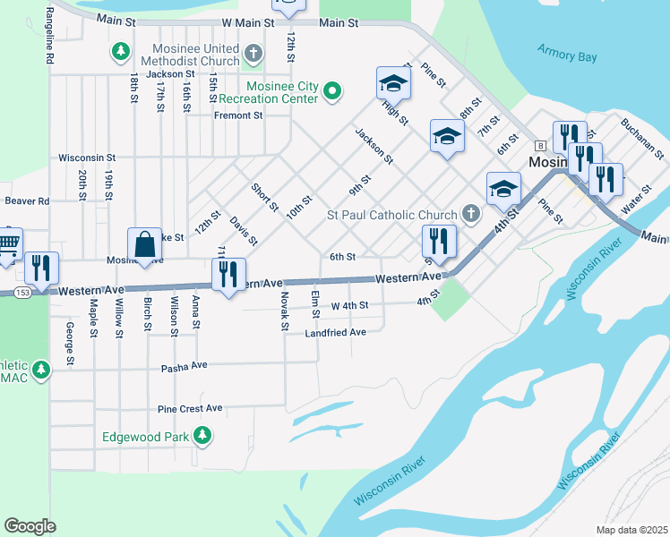 map of restaurants, bars, coffee shops, grocery stores, and more near 912 8th Street in Mosinee