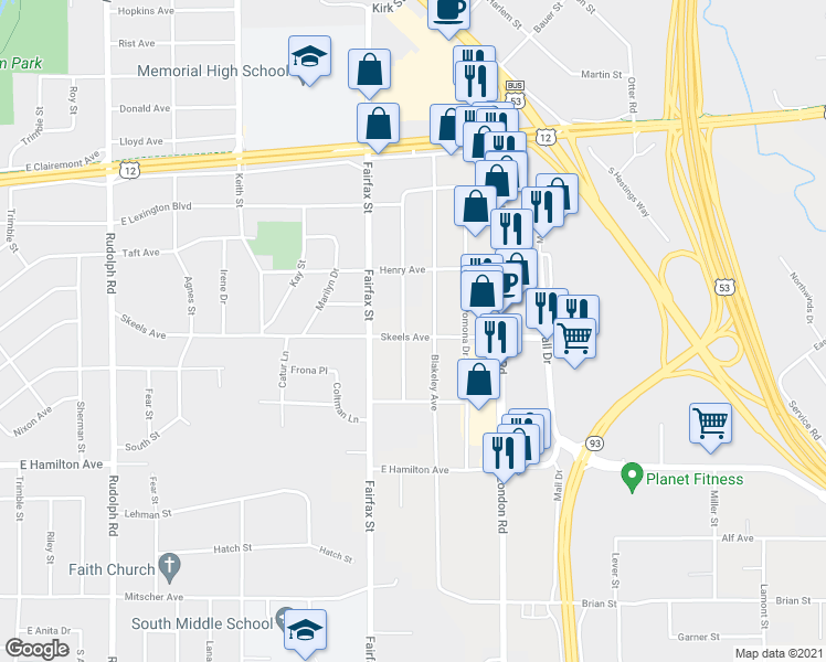 map of restaurants, bars, coffee shops, grocery stores, and more near 2806 Beverly Hills Drive in Eau Claire