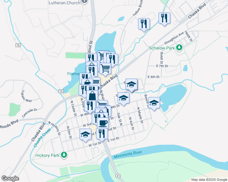 map of restaurants, bars, coffee shops, grocery stores, and more near 301 East 6th Street in Chaska