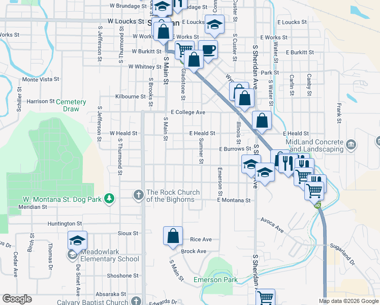map of restaurants, bars, coffee shops, grocery stores, and more near 752 Gladstone St in Sheridan