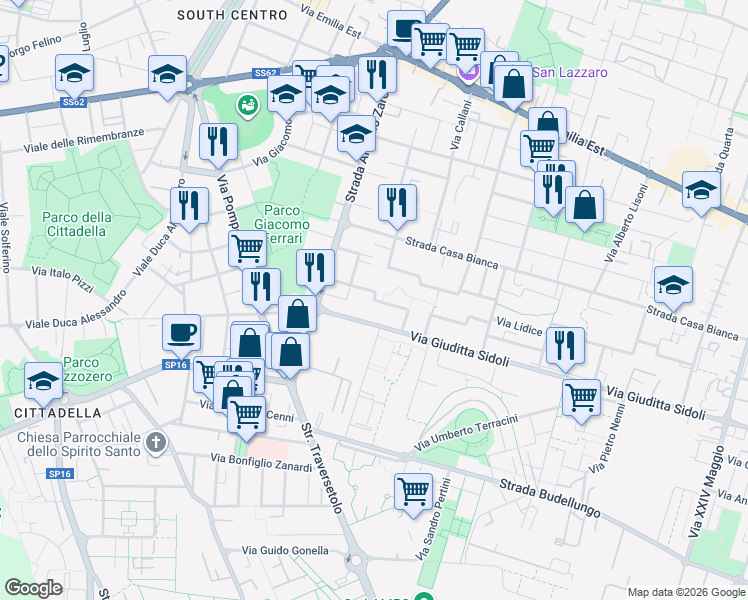 map of restaurants, bars, coffee shops, grocery stores, and more near 6 Via Albert Einstein in Parma