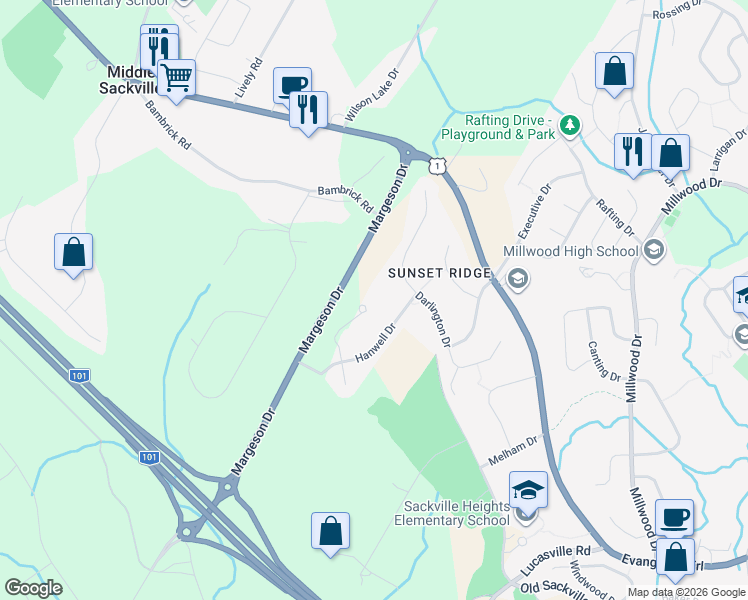 map of restaurants, bars, coffee shops, grocery stores, and more near 119 Hanwell Drive in Middle Sackville