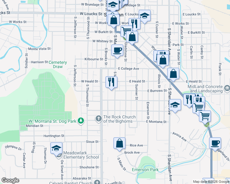 map of restaurants, bars, coffee shops, grocery stores, and more near 741 South Main Street in Sheridan