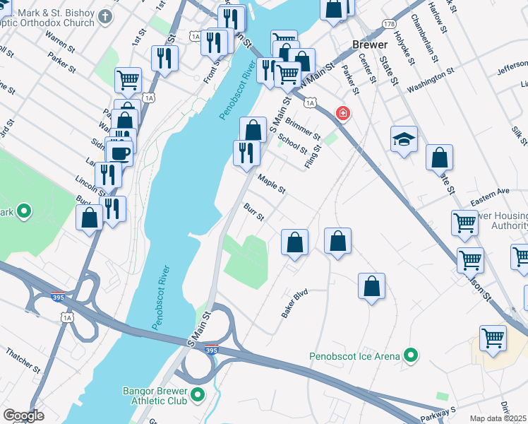 map of restaurants, bars, coffee shops, grocery stores, and more near 16 Getchell Street in Brewer