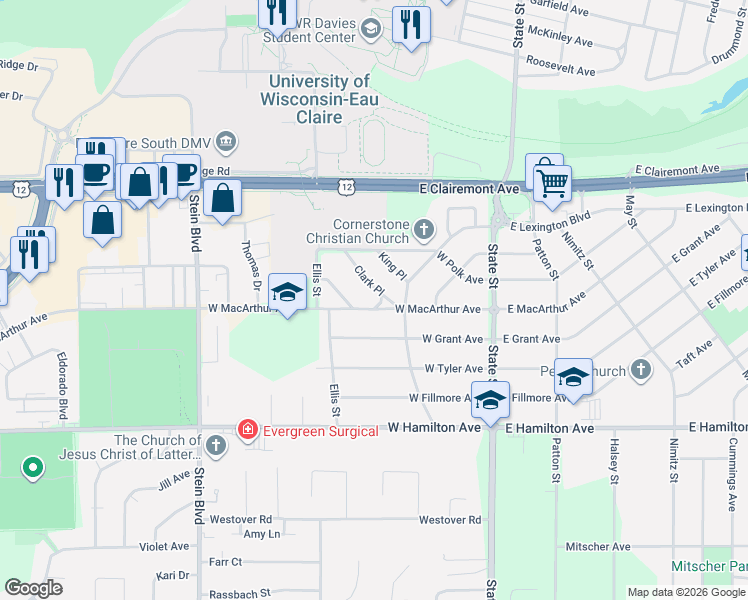 map of restaurants, bars, coffee shops, grocery stores, and more near 2814 Clark Place in Eau Claire