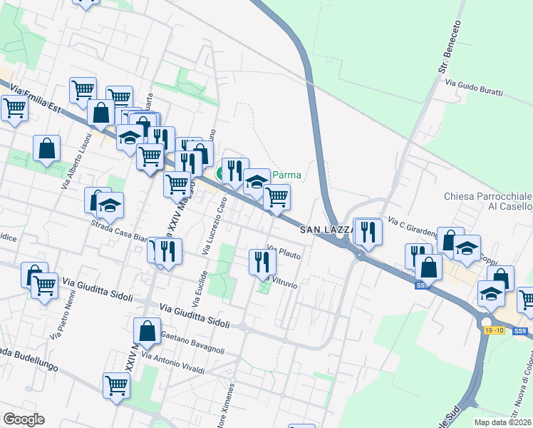 map of restaurants, bars, coffee shops, grocery stores, and more near 49/a Via Emilio Lepido in zona San Lazzaro