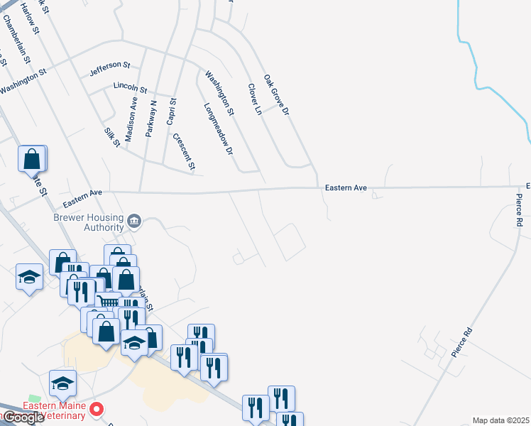 map of restaurants, bars, coffee shops, grocery stores, and more near 17 Allison Park in Brewer