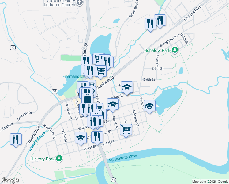map of restaurants, bars, coffee shops, grocery stores, and more near 301 East 6th Street in Chaska