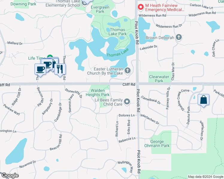 map of restaurants, bars, coffee shops, grocery stores, and more near 1471 Richards Court in Eagan
