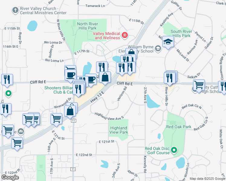 map of restaurants, bars, coffee shops, grocery stores, and more near in Burnsville