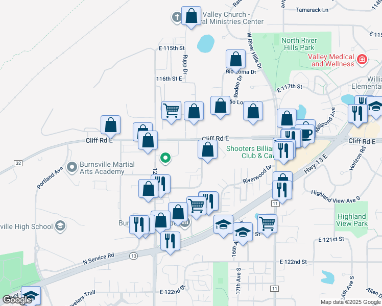 map of restaurants, bars, coffee shops, grocery stores, and more near 1301 Cliff Road East in Burnsville
