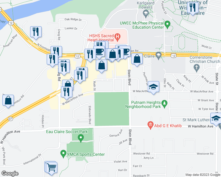 map of restaurants, bars, coffee shops, grocery stores, and more near 910 West Macarthur Avenue in Eau Claire