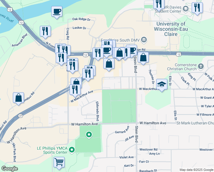 map of restaurants, bars, coffee shops, grocery stores, and more near 2821 Ruth Street in Eau Claire