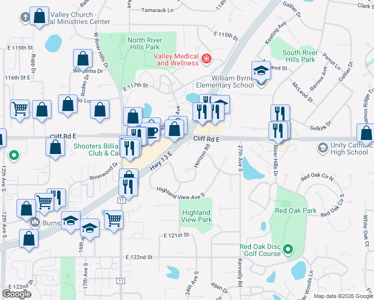 map of restaurants, bars, coffee shops, grocery stores, and more near in Burnsville