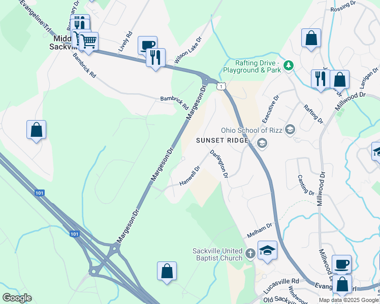 map of restaurants, bars, coffee shops, grocery stores, and more near 119 Hanwell Drive in Middle Sackville