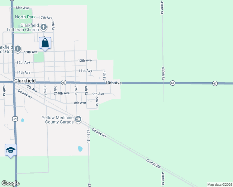 map of restaurants, bars, coffee shops, grocery stores, and more near 306 9th Avenue in Clarkfield