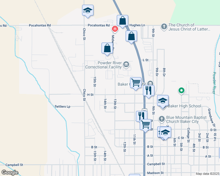 map of restaurants, bars, coffee shops, grocery stores, and more near 3425 13th Street in Baker City