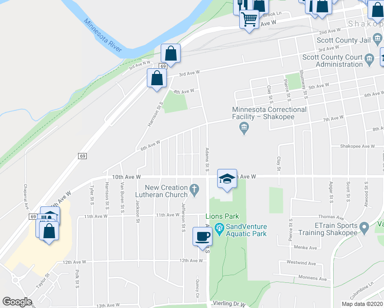 map of restaurants, bars, coffee shops, grocery stores, and more near 701 Jefferson Street South in Shakopee