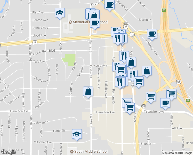 map of restaurants, bars, coffee shops, grocery stores, and more near 2820 Beverly Hills Drive in Eau Claire