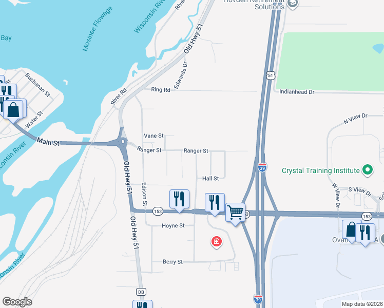 map of restaurants, bars, coffee shops, grocery stores, and more near 583 Ranger Street in Mosinee