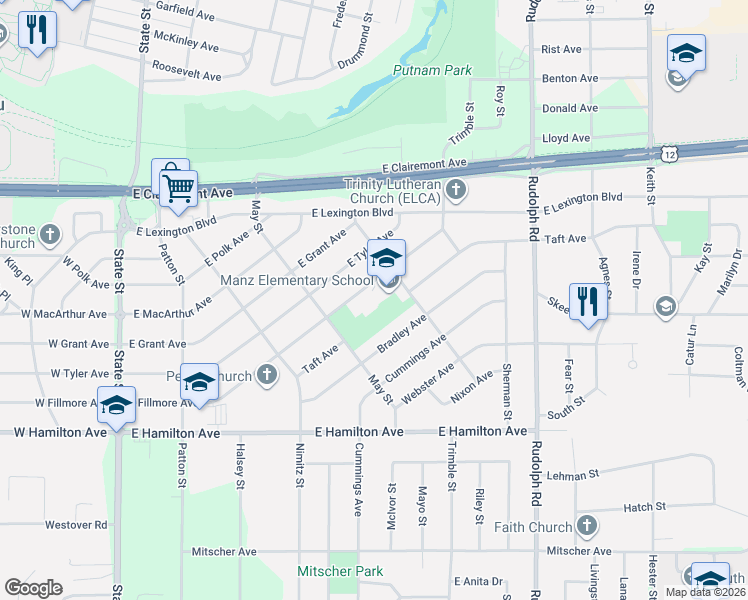 map of restaurants, bars, coffee shops, grocery stores, and more near 1000 East Fillmore Avenue in Eau Claire