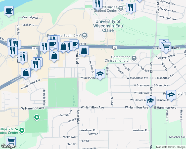 map of restaurants, bars, coffee shops, grocery stores, and more near 2825 Thomas Drive in Eau Claire