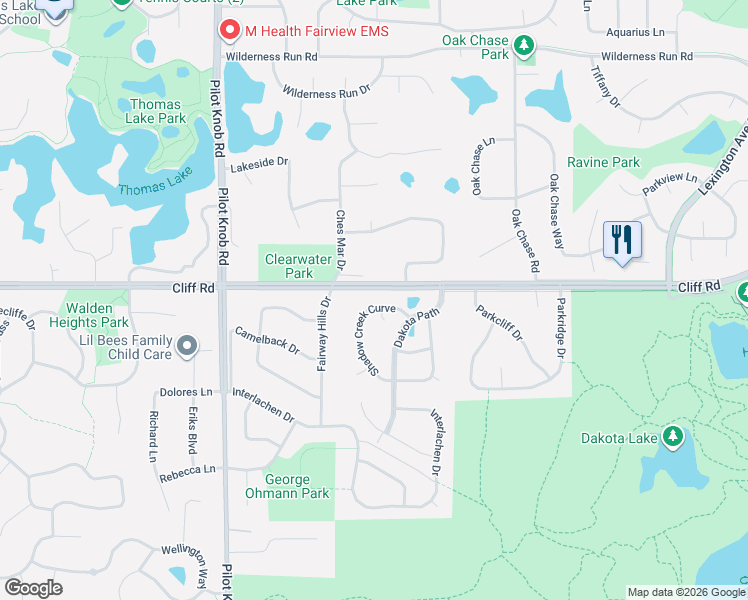 map of restaurants, bars, coffee shops, grocery stores, and more near 1290 Cliff Road in Eagan