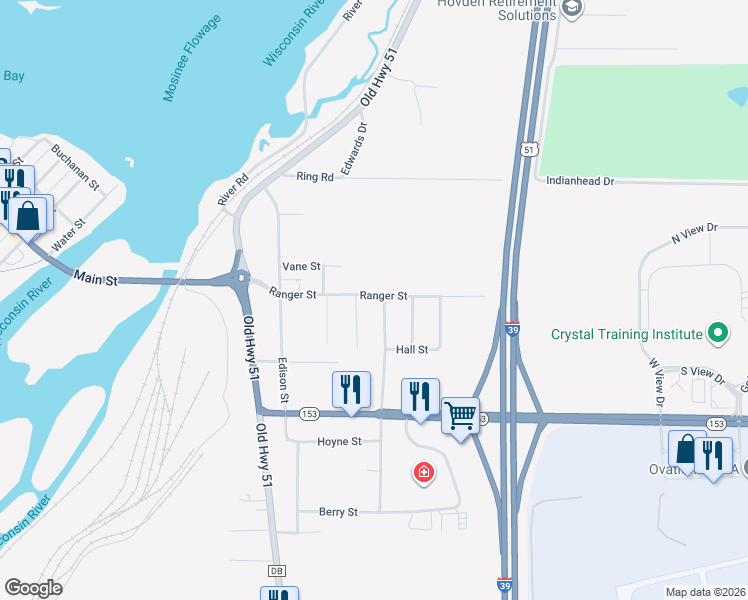 map of restaurants, bars, coffee shops, grocery stores, and more near 583 Ranger Street in Mosinee