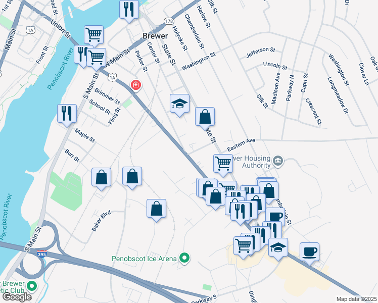 map of restaurants, bars, coffee shops, grocery stores, and more near 270 Wilson Street in Brewer