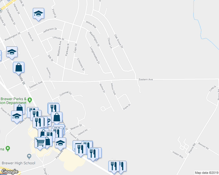 map of restaurants, bars, coffee shops, grocery stores, and more near 17 Allison Park in Brewer