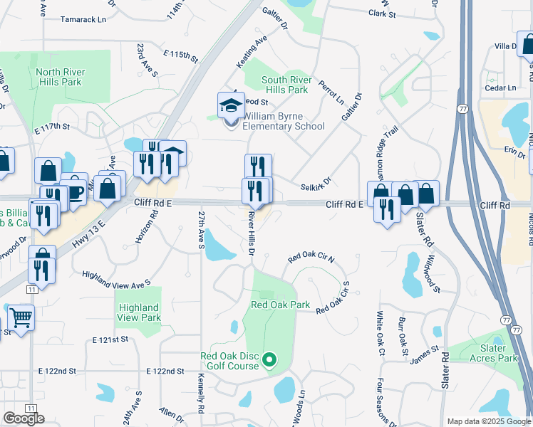 map of restaurants, bars, coffee shops, grocery stores, and more near 2925 Cliff Road East in Burnsville