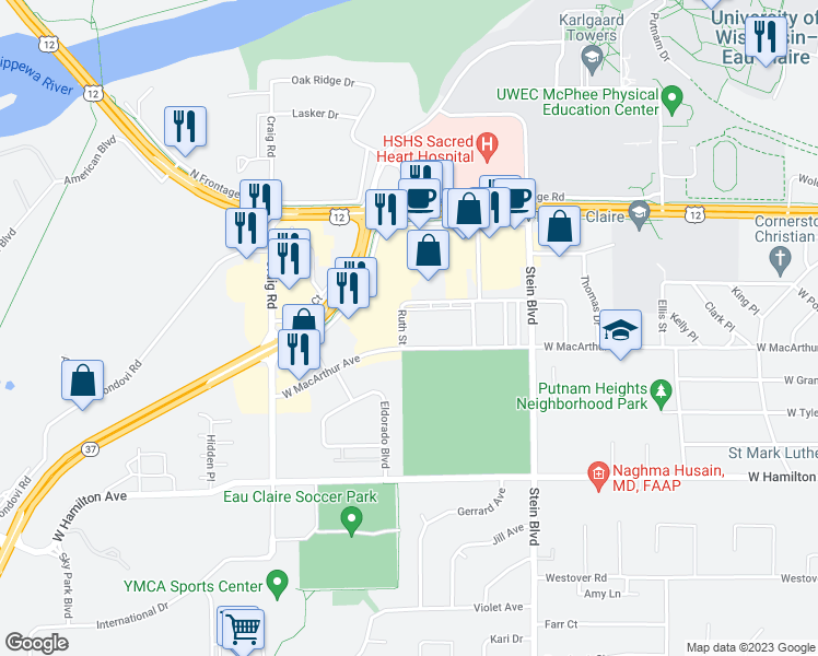 map of restaurants, bars, coffee shops, grocery stores, and more near 2821 Ruth Street in Eau Claire