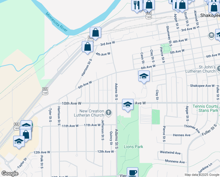 map of restaurants, bars, coffee shops, grocery stores, and more near 1245 Shakopee Avenue in Shakopee
