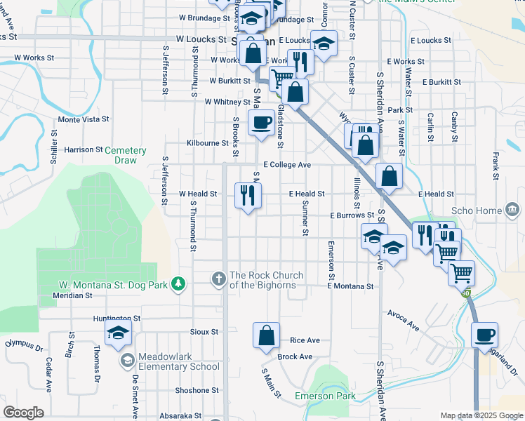 map of restaurants, bars, coffee shops, grocery stores, and more near 741 South Main Street in Sheridan