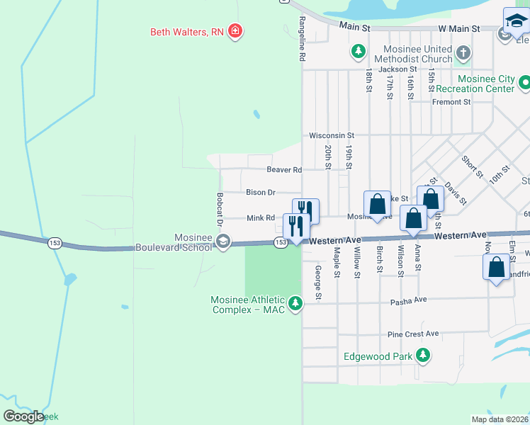 map of restaurants, bars, coffee shops, grocery stores, and more near 1319 Mink Road in Mosinee