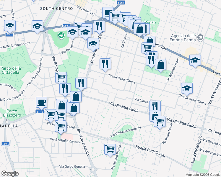 map of restaurants, bars, coffee shops, grocery stores, and more near 17 Via Carlo Marx in Parma