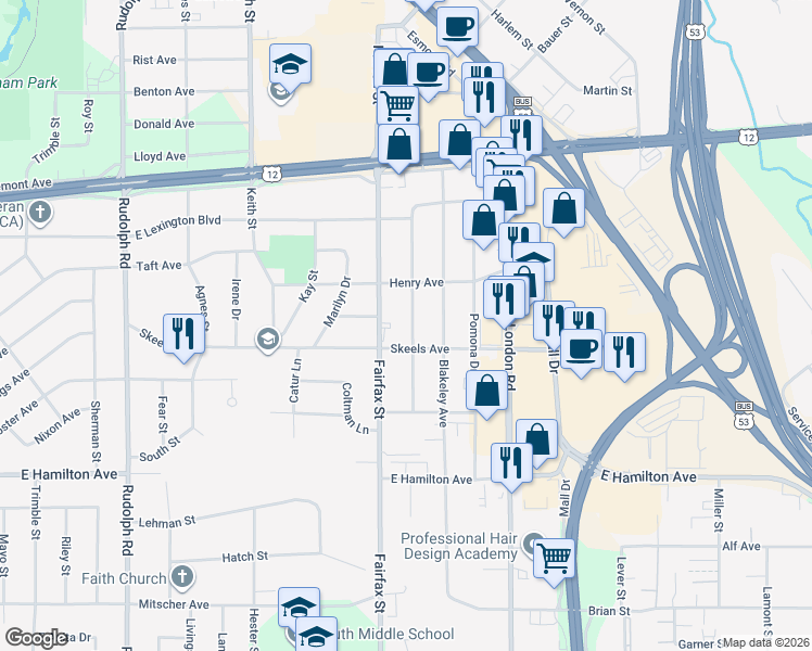 map of restaurants, bars, coffee shops, grocery stores, and more near 2806 Beverly Hills Drive in Eau Claire
