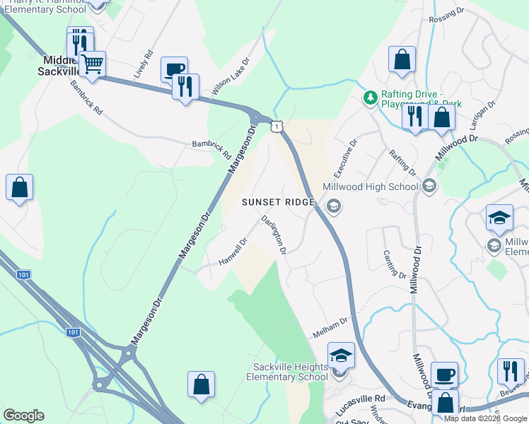 map of restaurants, bars, coffee shops, grocery stores, and more near 73 Darlington Drive in Middle Sackville