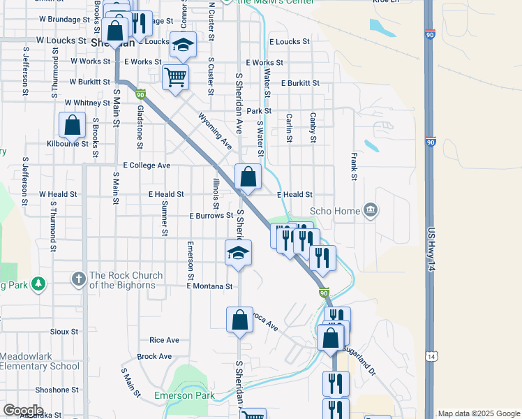 map of restaurants, bars, coffee shops, grocery stores, and more near 611 Coffeen Avenue in Sheridan