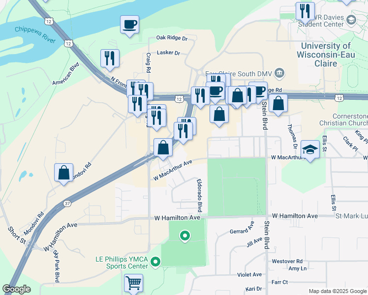 map of restaurants, bars, coffee shops, grocery stores, and more near 2831 Hendrickson Drive in Eau Claire